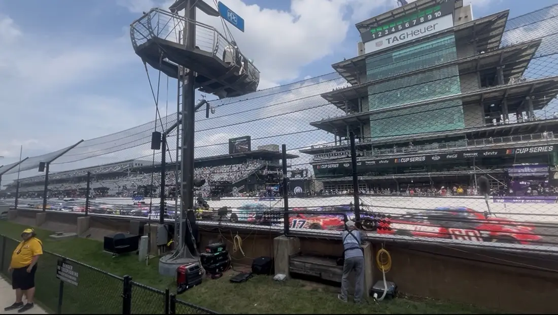 Race cars at the 2026 Brickyard 400 beside the Indianapolis Motor Speedway Pagoda