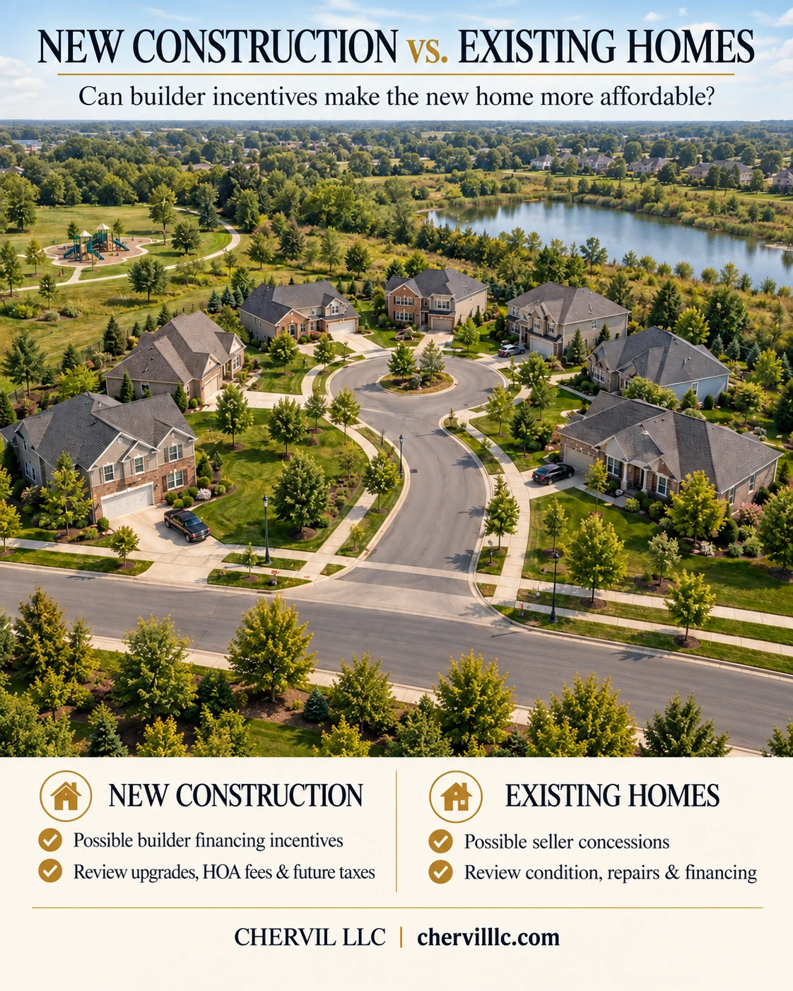 New construction and existing homes comparison with an aerial subdivision view