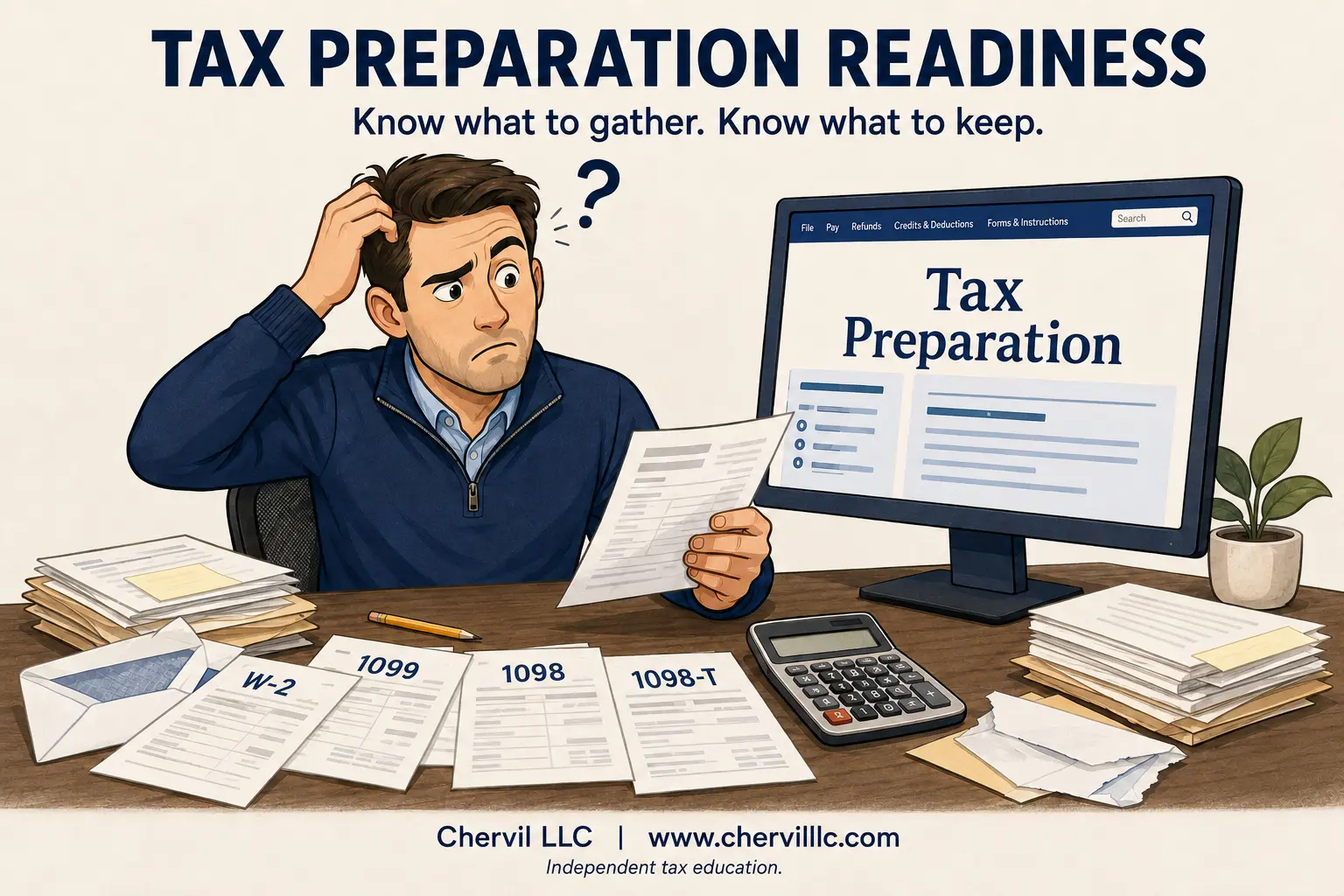 A confused taxpayer reviews W-2, 1099, 1098 and 1098-T forms beside a computer and calculator.